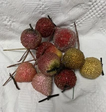 10 VTG Beaded Sugar Frosted Fruit Decor on Stems, Pears & Apples NICE PRETTY