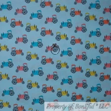 BonEful Fabric FQ Cotton Quilt VTG Blue Orange Yellow Gray Baby Boy Tractor Farm