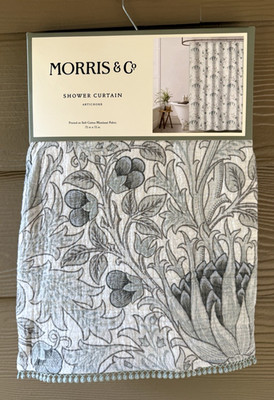 Morris & Co Artichoke Floral Teal Gray Cotton Matelasse Fabric Shower Curtain