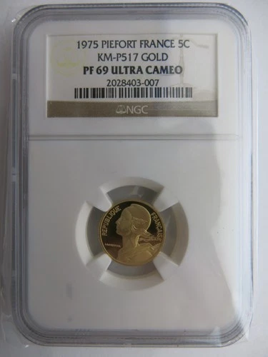 1975 Gold France Piefort NGC PF69 UC 5 Centimes French piedfort coin 0.2573 agw