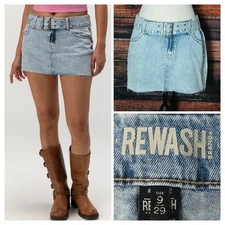 REWASH Jean Skirt Size 9 29 Belted Micro Mini Short Light Stone Denim Raw Hem 
