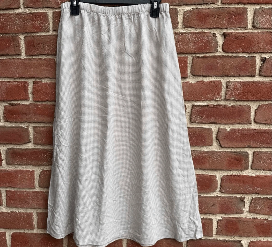 EILEEN FISHER Tencel Seersucker Check Midi Skirt beige petite small NEW