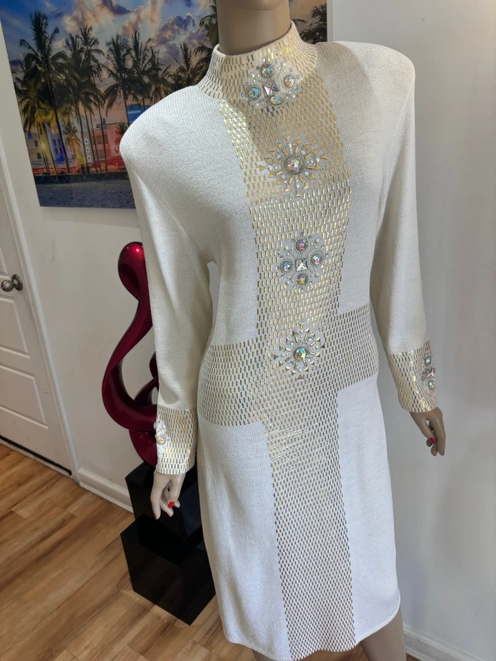 St John dress evening wedding embellished 12 cream paillettes gold metallic  RAR - Image 3 of 4