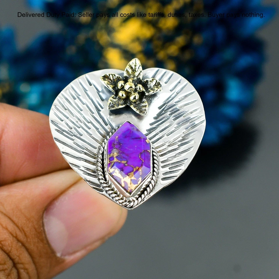 925纯银天然铜紫色绿松石周年纪念戒指 — 第 3/4 张图片