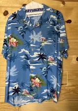 VTG Roundy Bay Hawaiian Shirt L Blue Pineapple Hibiscus Ocean Surf Aloha