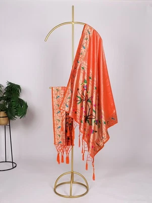INDIAN ETHNIC Patola Seiden Schal Chunni Designer Braut Dupatta Orange 2,5 m - Bild 1 von 4