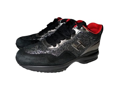 Hogan Club Interactive Black Shimmer Leather Platform Womens Sneakers Shoes 36.5