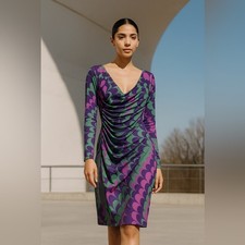 Cosel Queen of Safari Collection Green/Purple Abstract Print Wrap Dress