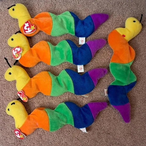 Lot Of 5 Vintage TY Beanie Babies Inch The Worm With 4 Tags + 1 No Tag- See Info