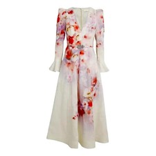 NEW - Zimmermann - Crush Frill Floral Midi Dress Linen - Size 0 - BNWT