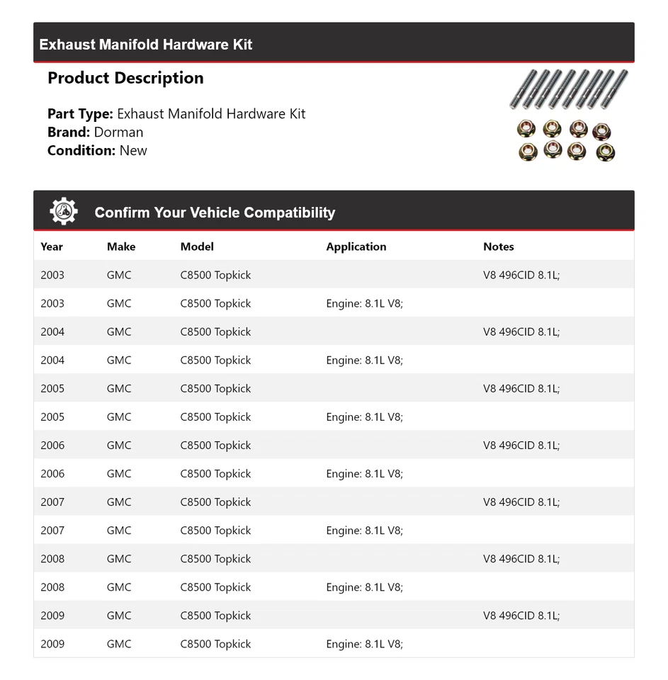 Kit de herrajes para colector de escape Topkick Dorman 2003-2009 GMC C8500 2004 2005 Foto 2 de 4