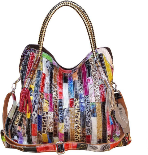 Damen Multicolor Einkaufstasche Echtes Leder Handtasche Bunte Patchwork Groß - Picture 5 of 6