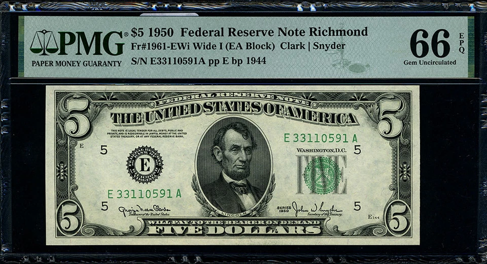 FR. 1961 EWi $5 1950 Federal Reserve Note Richmond E-A Block Gem PMG CU66 EPQ - Image 2 of 3