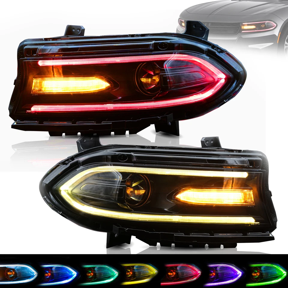 VLAND LED DRL RGB 车头灯 适用于 2015 - 2023 道奇充电器 投影仪灯 一对 — 第 2/4 张图片