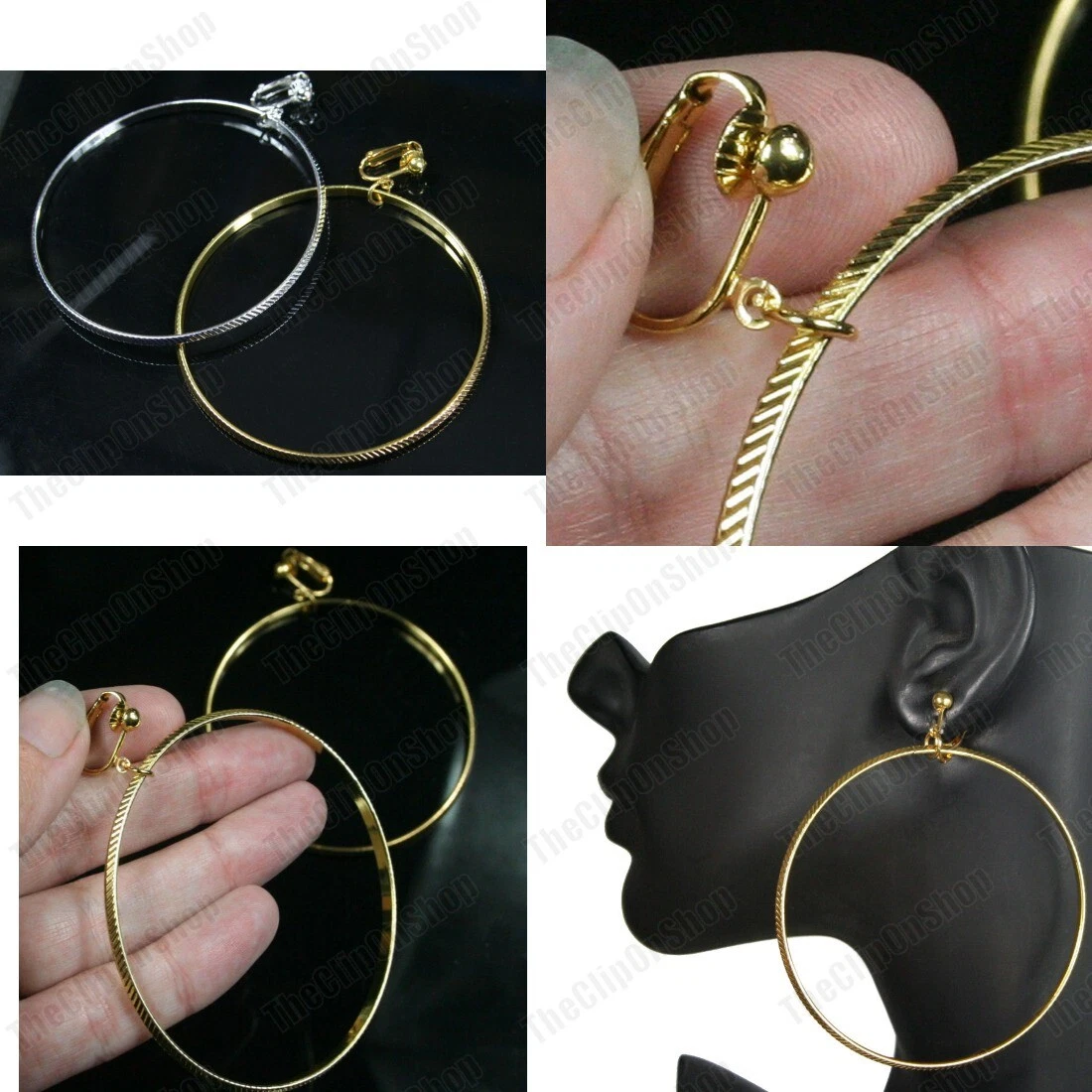 CLIP ON 7cm big HOOPS CHEVRON patterned METAL HOOP EARRINGS silver gold fashion