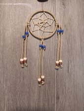 Dream Catcher Natural Macrame With Blue and White Beads Star Desing 8" long