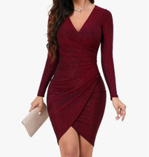 IHOT Women's L Glitter Party Dress Sexy V Neck Long Sleeve Faux Wrap Ruched Body