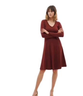KOTN Soft Dress Sz S/P  Long Sleeve Ribbed Rust Brick Red Fall Academia Preppy@