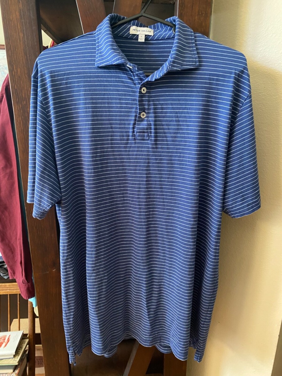 Peter Millar Blue/White Striped Polo Golf Tailored Fit 100 Pima