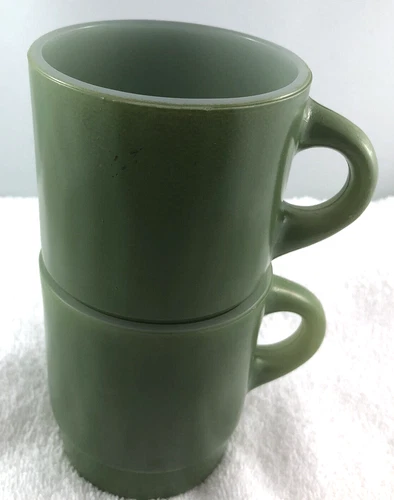 Vintage Set - Fire King By Anchor Hocking Stackable Avocado Green Coffee Mugs 2