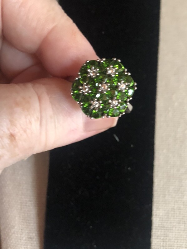 Russian Diopside Flower Ring, with White Zircon 