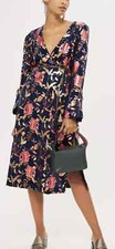 Topshop Womens Midi Wrap Dress Navy 8 UK Velvet Floral Metallic Foil Floral