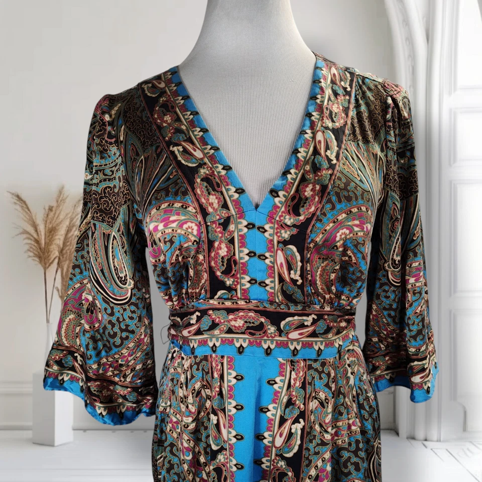 Eci Bell рукав шелковое платье размер 12 пейсли печать талии галстук длина до колена - Изображение 2 из 4