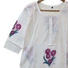 Block Print Cotton Floral Top White Kurti XL Indian Cotton Floral Top Jaipuri