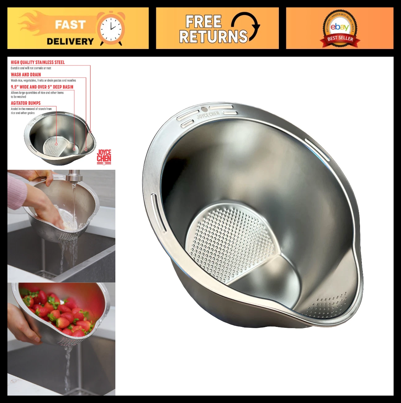 Stainless Steel Rice Strainer Bowl - Colander for Washing Rice & Grains