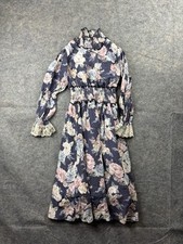 Vintage Smocked Midi Floral Navy Pink Prairie Sz XS Puff Sleeve Cottage core