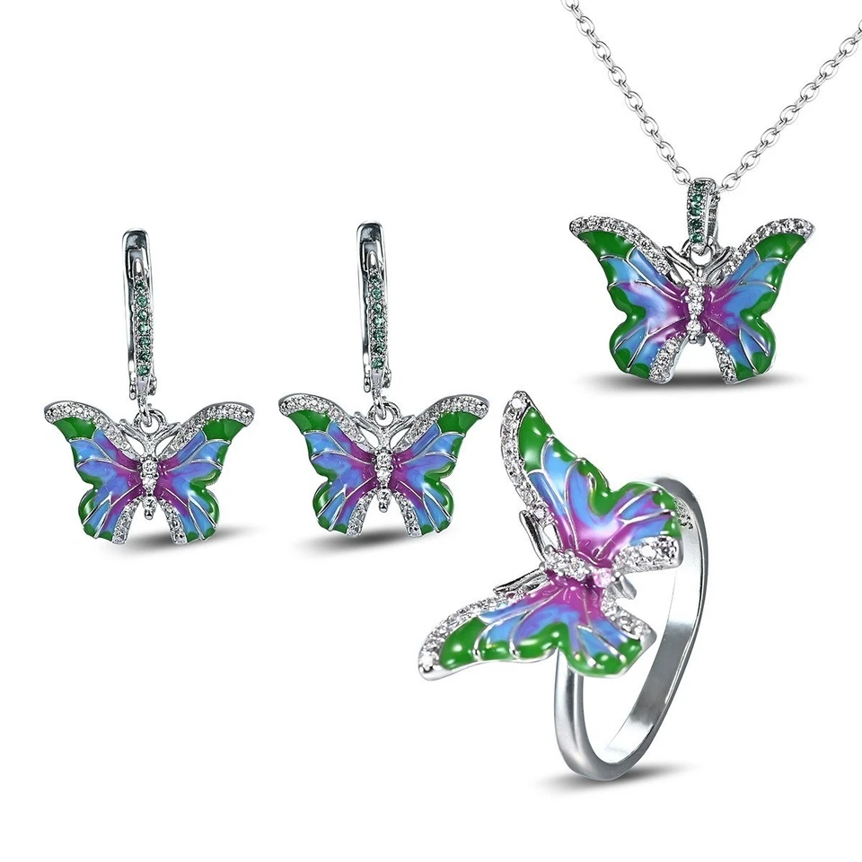 Schmetterling Smuckset rohdiniert Emaille Ohrringe Halskette Anhänger Ring Damen - Bild 3 von 4