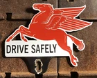Vintage Mobil MobilOil Pegasus Drive Safely 10” Porcelain Car Tag Topper Sign