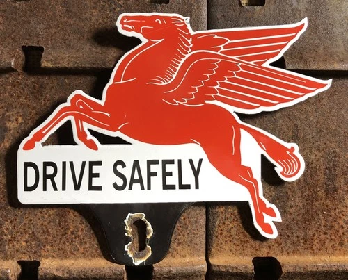 Vintage Mobil MobilOil Pegasus Drive Safely 10” Porcelain Car Tag Topper Sign
