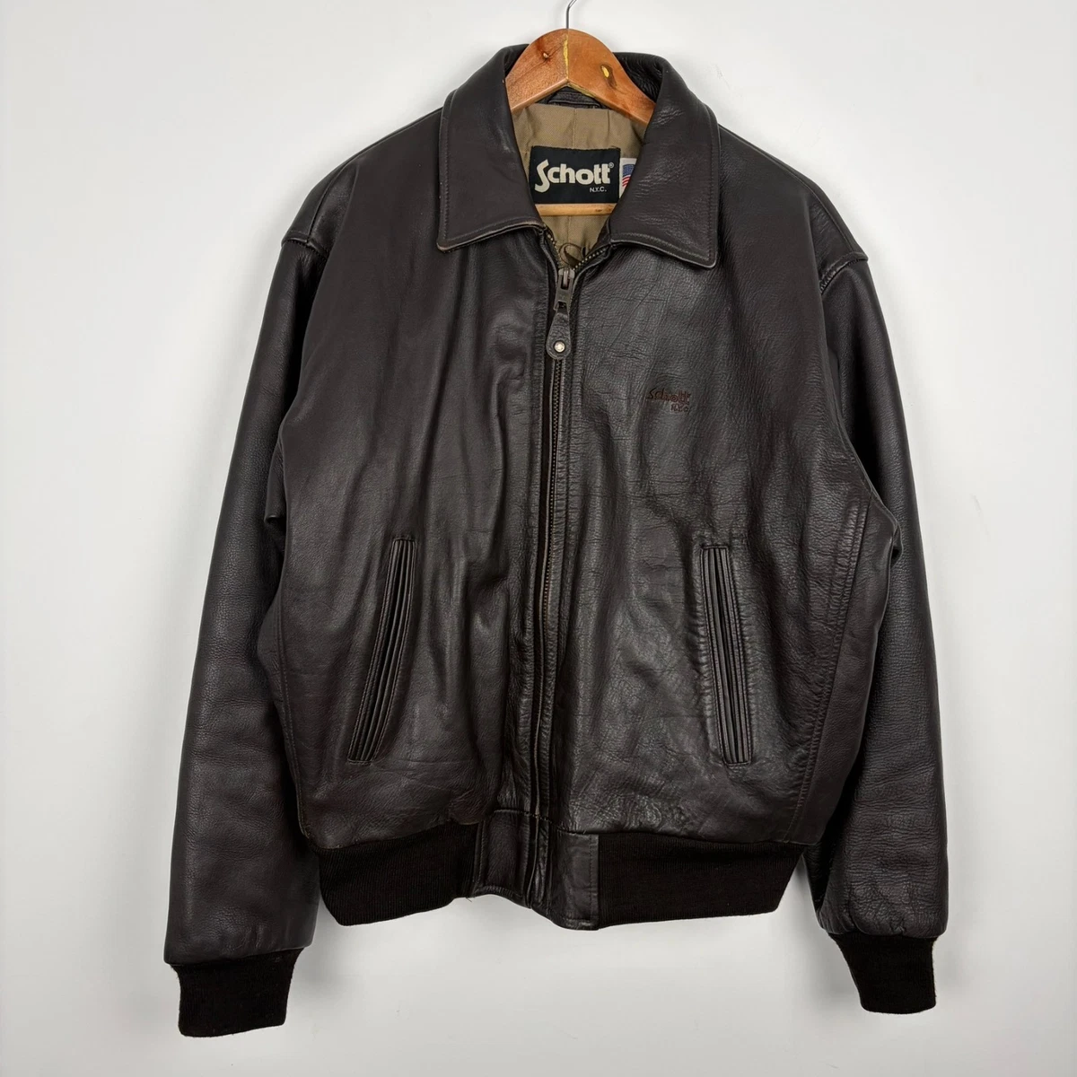 Chaqueta de cuero para hombre Schott NYC motociclista bombardero vuelo motocicleta marrón grande