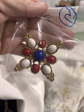 Vintage 1971 Sarah Coventry Americana Maltese Cross Red White Blue Brooch