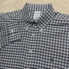 Brooks Brothers 1818 Mens Shirt M Green White Check Plaid Button Non Iron Supima