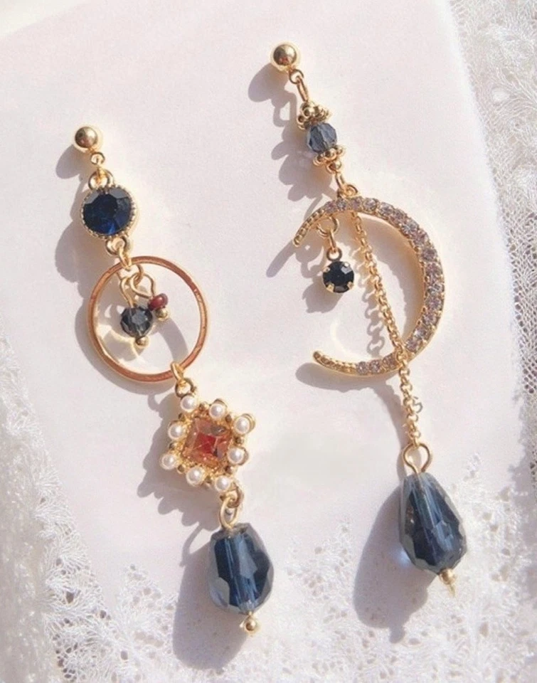 Mond Kristall Ohrringe Asymmetrische Ohrringe 925 Sterlingsilber Pin Gold Neu - Bild 2 von 4