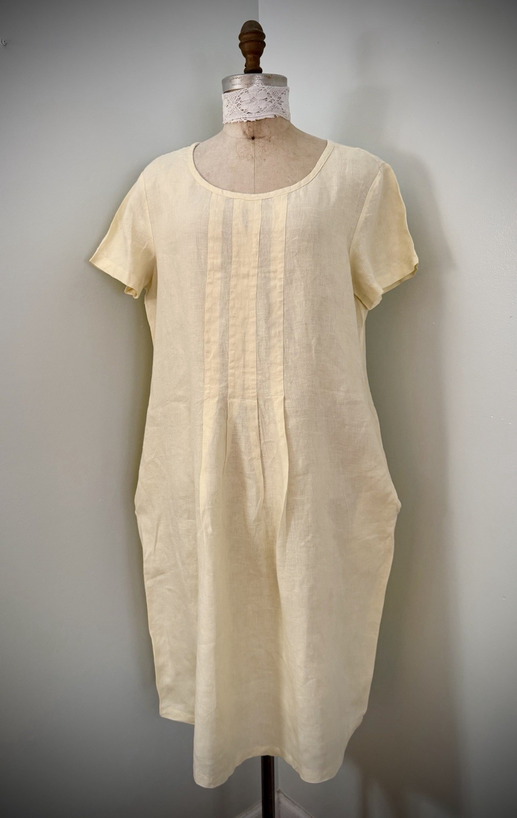 Lagenlook Butter Yellow Linen Midi Dress SZ XXL Pockets Cottagecore