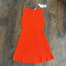 ZARA Bright Orange Cable Knit Sleeveless Short Dress With Gem Buttons M