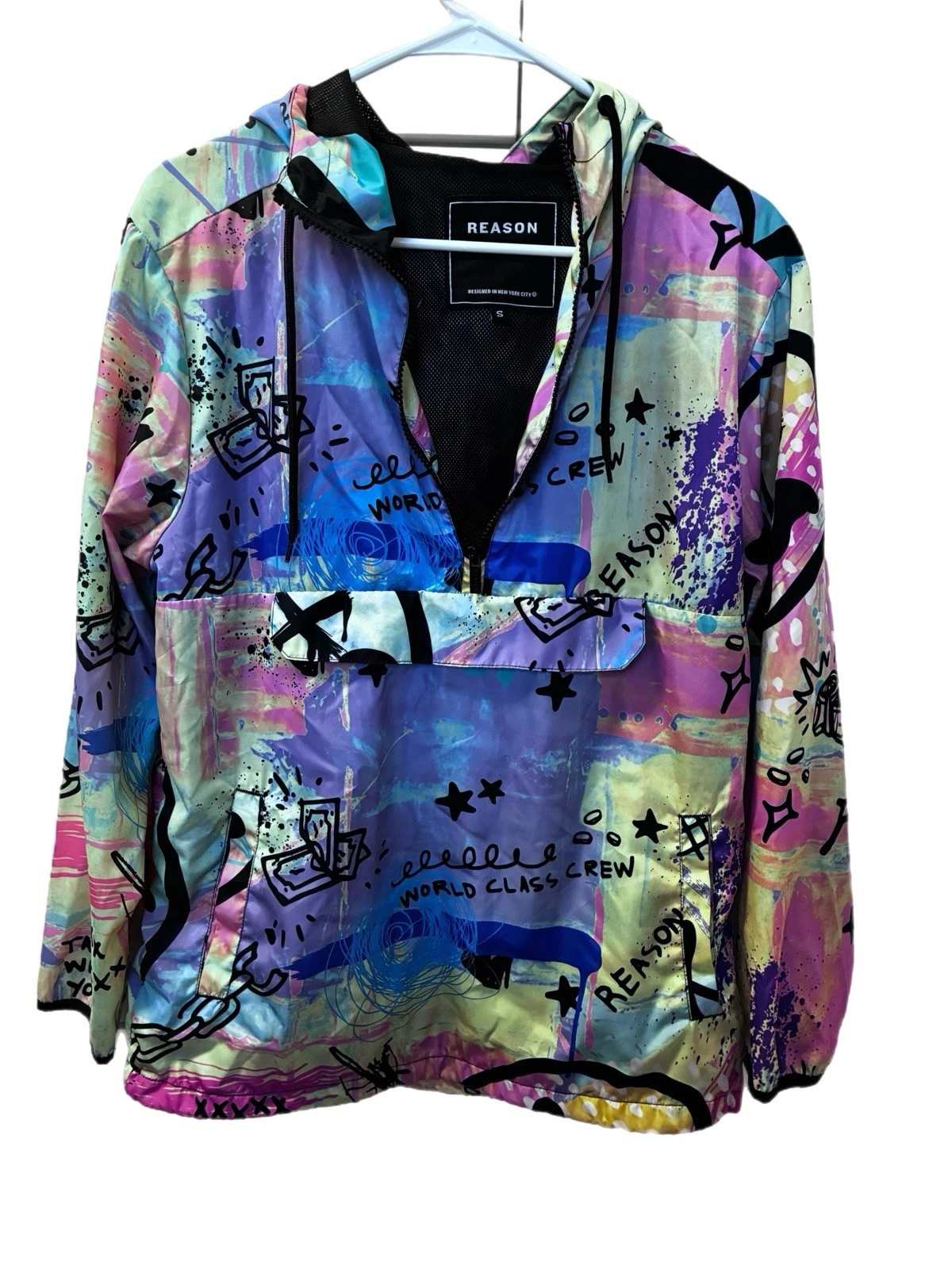 Vintage Reason World Class Crew Multicolor Graphic Print Hooded 1/2 Zip Hoodie S
