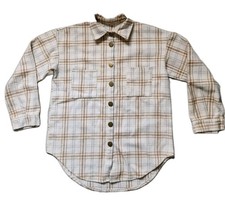 Cream Tan Gray Plaid Flannel Oversized Button Up Shirt Shacket Womens Sz M EUC
