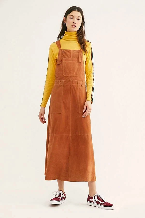 Vestido tipo jersey midi de gamuza de cuero boho Free People para mujer línea A de cuero de cabra talla 4 Foto 3 de 4