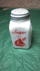 vintage Mckee Milk Glass SUGAR SHAKER  Red Sailboat Ship  ORIGINAL  metal Cap