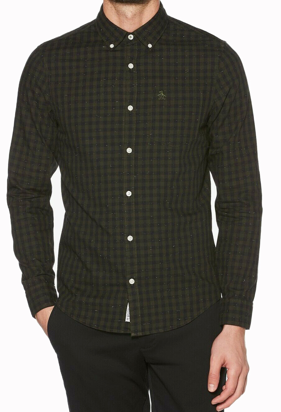 New Original Penguin Slim Fit Bronze Green Gingham Nep Twill Pocket Shirt XL