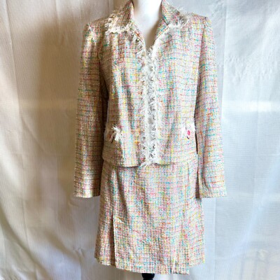 Vintage Newport News Sz 12 Pastel Tweed 2 Pc Suit Fringe Y2K Legally Blonde