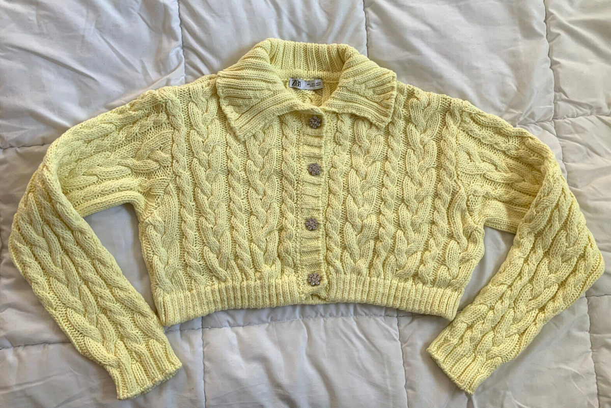 WOMEN'S ZARA CHUNKY CABLE KNIT YELLOW CROPPED CARDIGAN SWEATER L