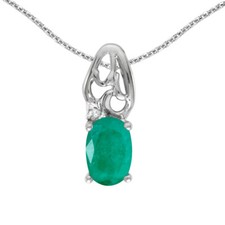 14k White Gold Oval Emerald And Diamond Pendant with 18" Chain