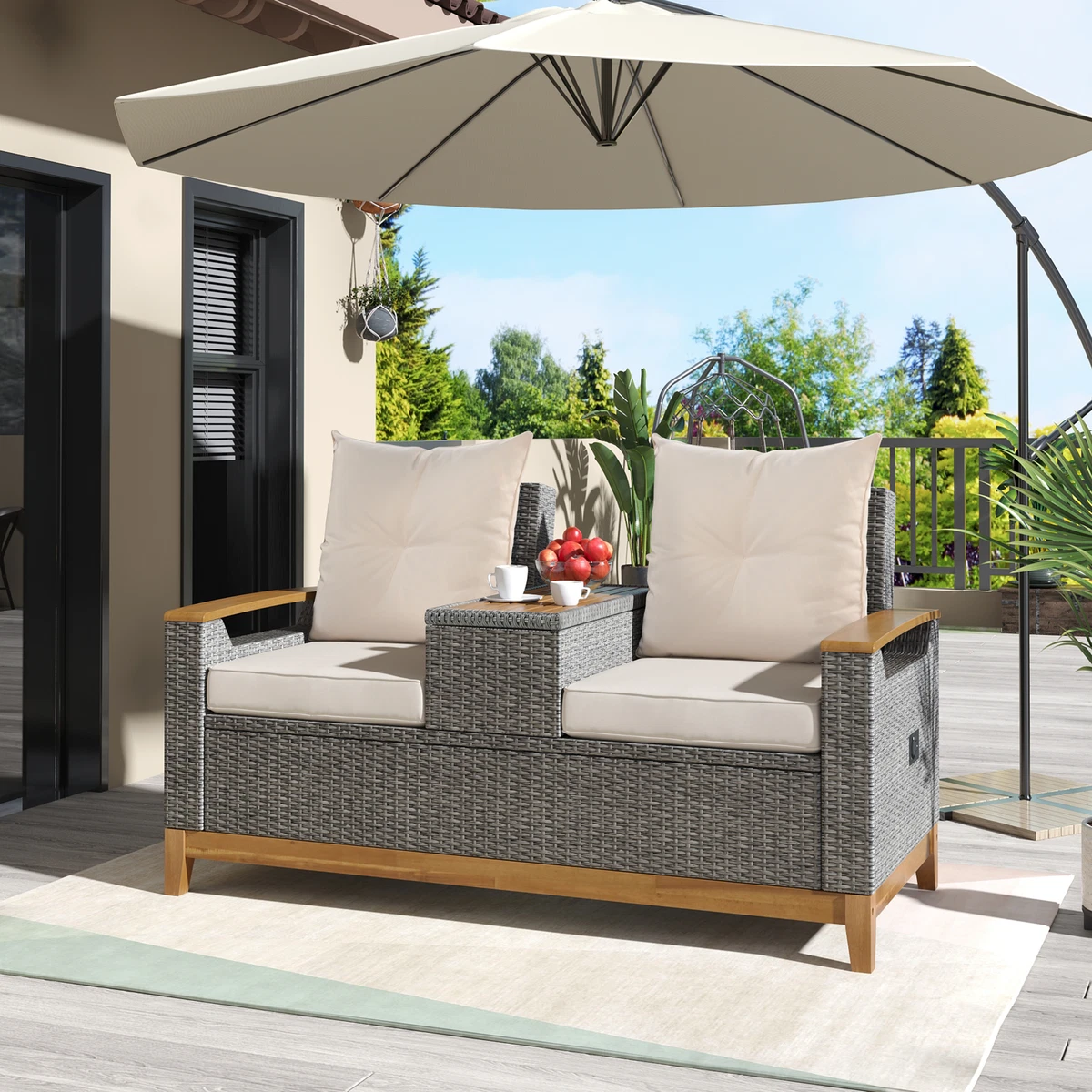 Outdoor Patio Recliner Loveseat Reclining Cushioned Lounge Chair W Storage Table