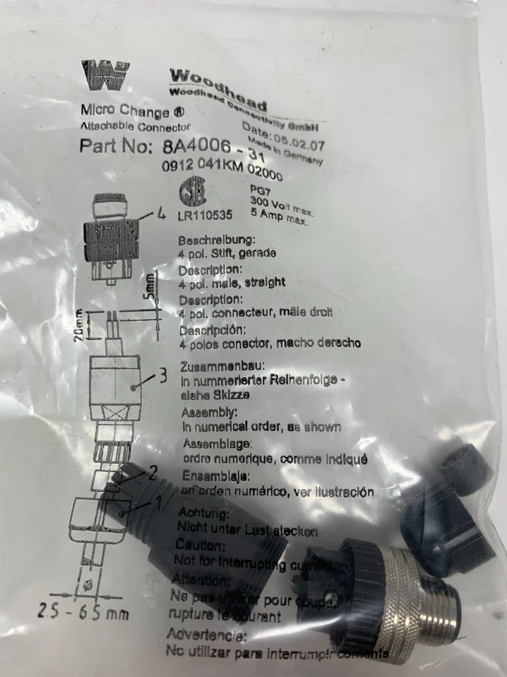 Woodhead 8A4006-31 Male Micro Connector 250VAC/300VDC 4A Model  120071 - Image 3 of 4