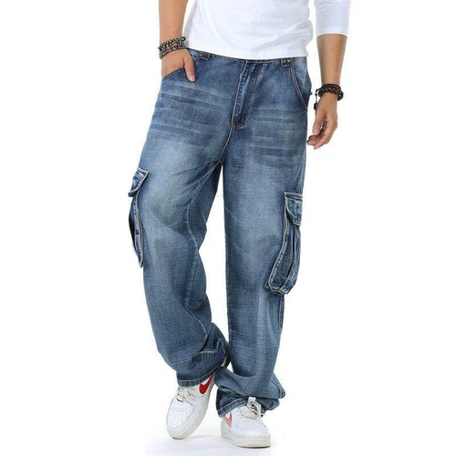 Jeans uomo tinta unita classici relaxed fit pantaloni cargo grandi alti larghi robusti - Foto 14 di 17